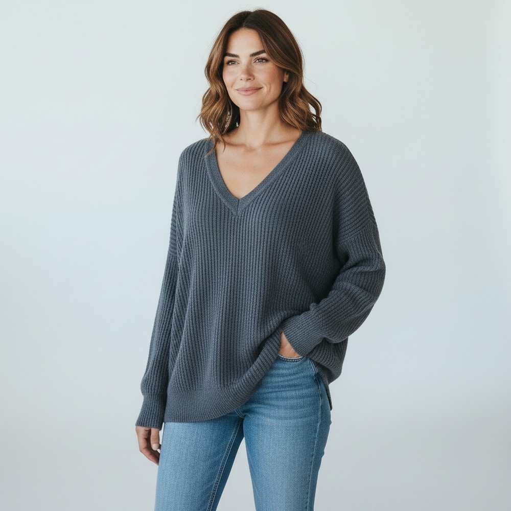Workshop V Neck Bishop Sleeve Drop Shoulder Sweater